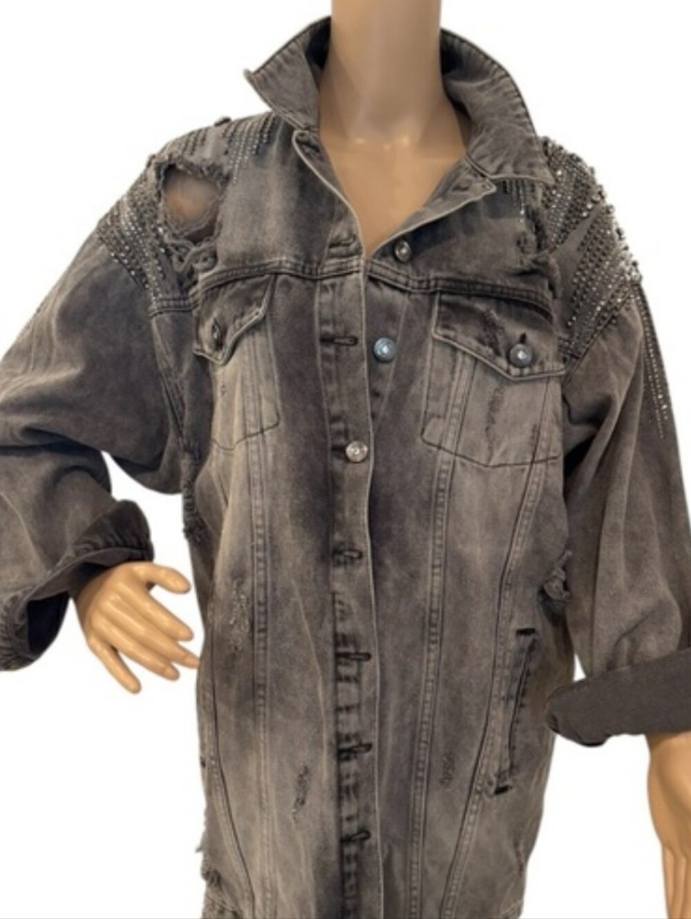 Stud-Embellished Grey Washed Denim Jacket - Picture 9 of 10